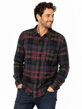 Roots Men's Plaid Flannel Shirt Red Green Navy 100% Cotton Button Up - Medium